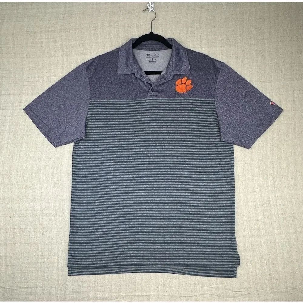 Clemson Tigers Striped Embroidered Purple & Gray Polo Shirt Champion Mens Large